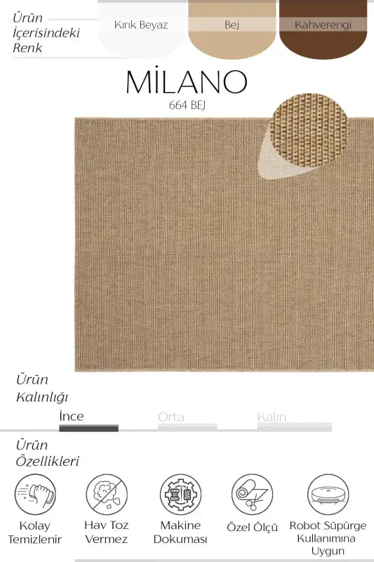 Milan 664 Beige Wicker Textured Rug Kilim Living Room Kitchen Corridor Cut Runner Woven Machine Carpet-Beige 1 - 2