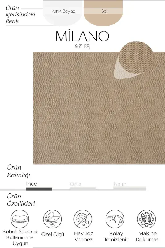 Milan 665 Beige Woven Textured Rug Kilim Living Room Kitchen Hallway Cut Runner Woven Machine Carpet-Beige - 2