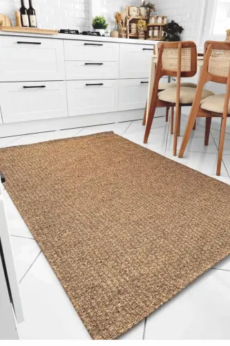 Milan 666 Coffee Rattan Textured Carpet Kilim Living Room Kitchen Corridor Cut Runner Woven Machine Carpet-Coffee - 4