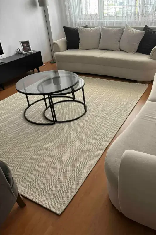 Milano 665 Krem Hasır Dokulu Halı Kilim Salon Mutfak Koridor Kesme Yolluk Dokuma Makine Halısı-Krem 1 - 1