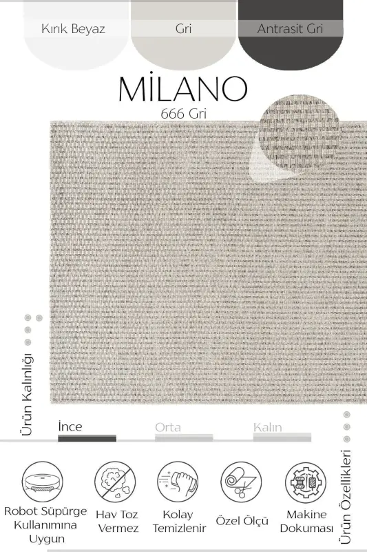 Milano 666 Grey Woven Textured Rug Carpet Living Room Kitchen Hallway Cut Runner Woven Machine Carpet-Grey - 3
