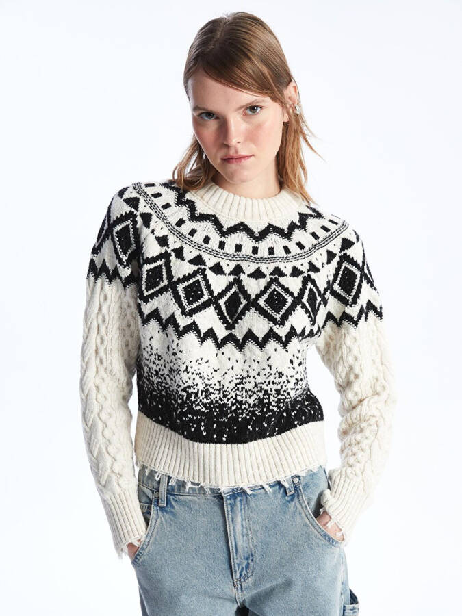 Milano - Bicycle Neck Soft Textured Jacquard Knit Sweater - Black and White - 6