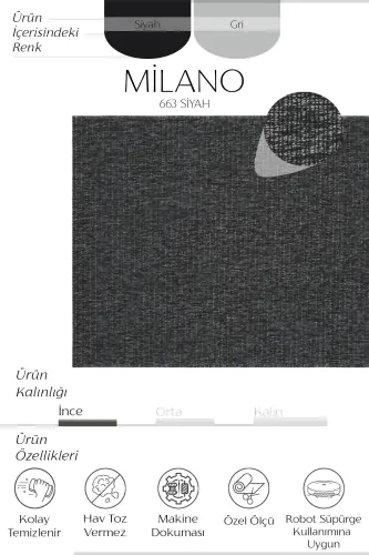 Milano Gri Siyah Halı İnce Yazlık Sade Düz Renk Salon Oturma Odası Hasır Sisal Dokulu Balkon Halısı-Gri Siyah - COOL HALI (1)
