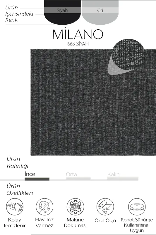 Milano Gri Siyah Halı İnce Yazlık Sade Düz Renk Salon Oturma Odası Hasır Sisal Dokulu Balkon Halısı-Gri Siyah - 2