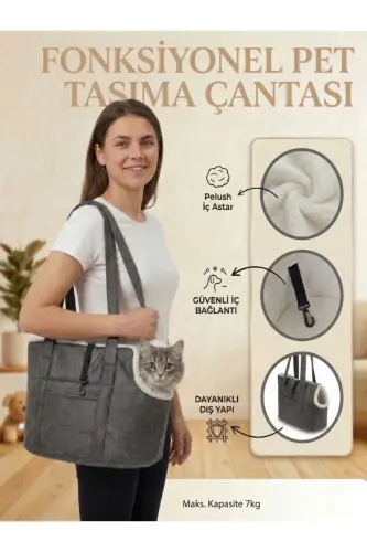 Milano Kedi Köpek El Omuz Taşıma Çantası, Evcil Hayvan El Omuz Seyahat Çantası - Gri - beyaz - 2