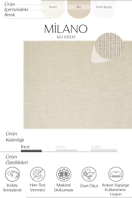 Milano Krem Bej Hasır Bohem Leke Tutmaz Kesme Düz Renk Rustik Balkon Ev Mutfak Oturma Odası Halısı-Krem 55 - 2