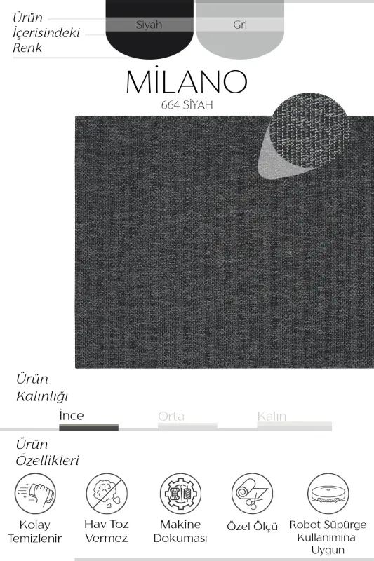Milano Siyah Gri Halı İnce Yazlık Makine Dokuma Salon Oturma Odası Hasır Sisal Dokulu Balkon Halısı-Siyah Grii - 2