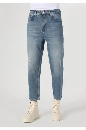 Loose Relaxed Fit Drop Crotch Kısa Paça Erkek İndigo Jean Pantolon - LOMO WASH - 4