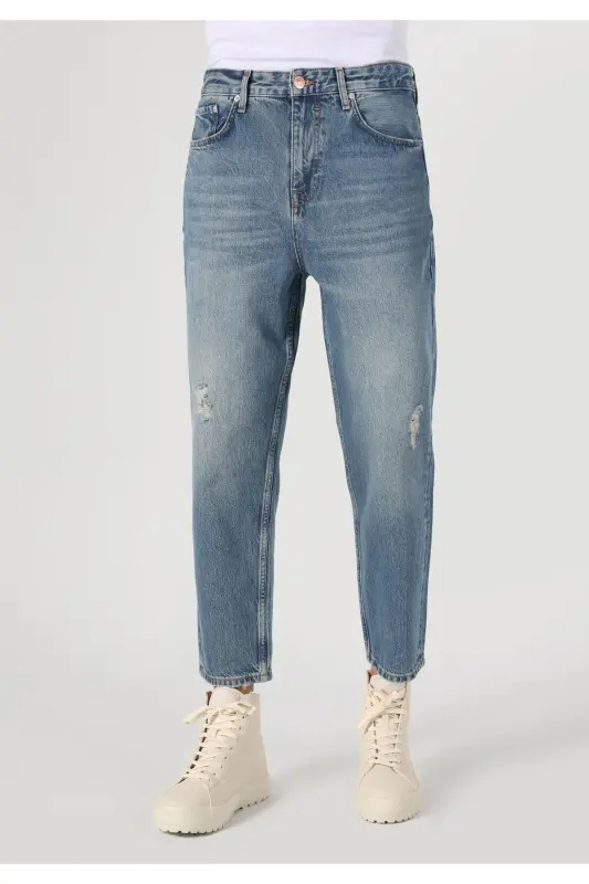 Loose Relaxed Fit Drop Crotch Kısa Paça Erkek İndigo Jean Pantolon - LOMO WASH - 4