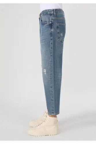 Loose Relaxed Fit Drop Crotch Kısa Paça Erkek İndigo Jean Pantolon - LOMO WASH - 5