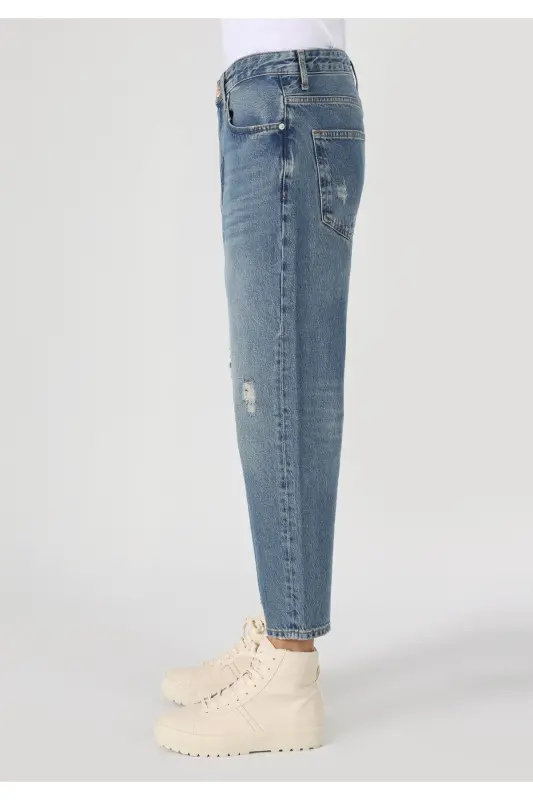 Loose Relaxed Fit Drop Crotch Kısa Paça Erkek İndigo Jean Pantolon - LOMO WASH - 5