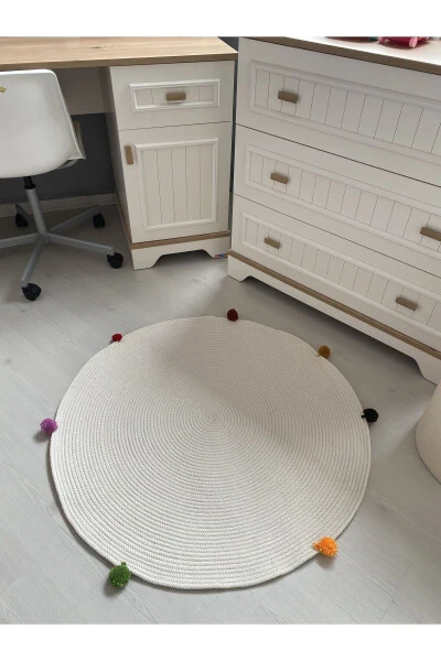 Milda Changni chiqarmaydigan Antiallergik jut to'qilgan Pomponli oq jut gilam Chaqaloq bolalar xonasi gilami - Modazone