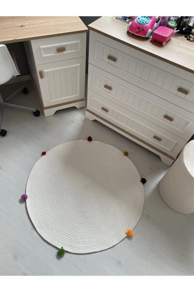 Milda Changni chiqarmaydigan Antiallergik jut to'qilgan Pomponli oq jut gilam Chaqaloq bolalar xonasi gilami - Modazone (1)