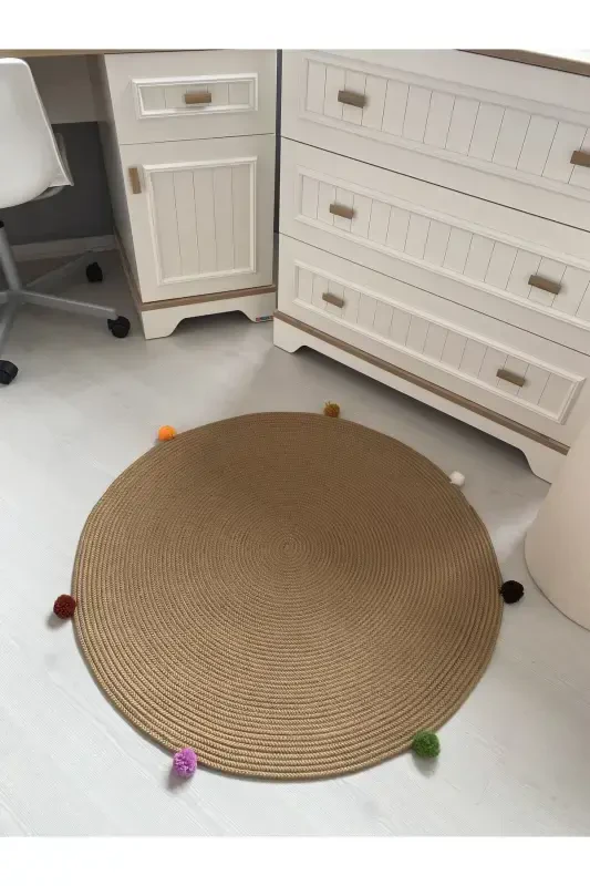 Milda Haz Dust-Free Anti-Allergic Jute Woven Pompon Jute Rug Baby Children's Room Rug-Brown - 1