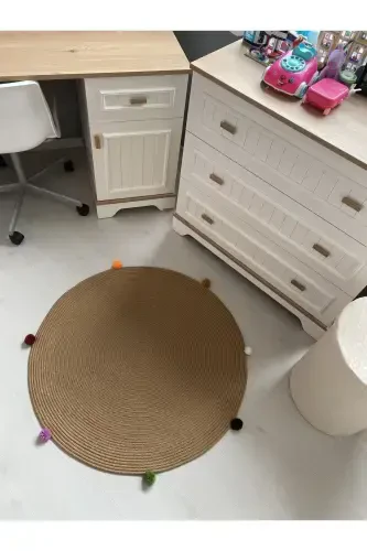 Milda Haz Dust-Free Anti-Allergic Jute Woven Pompon Jute Rug Baby Children's Room Rug-Brown - 2