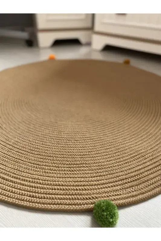 Milda Haz Dust-Free Anti-Allergic Jute Woven Pompon Jute Rug Baby Children's Room Rug-Brown - 3