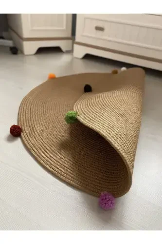 Milda Haz Dust-Free Anti-Allergic Jute Woven Pompon Jute Rug Baby Children's Room Rug-Brown - 4