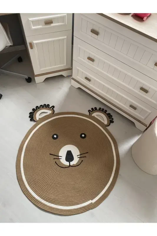 Milda Haz Dustproof Antiallergic Jute Weave Cute Bear Jute Rug Baby Children's Room Rug-Brown 1 - 1