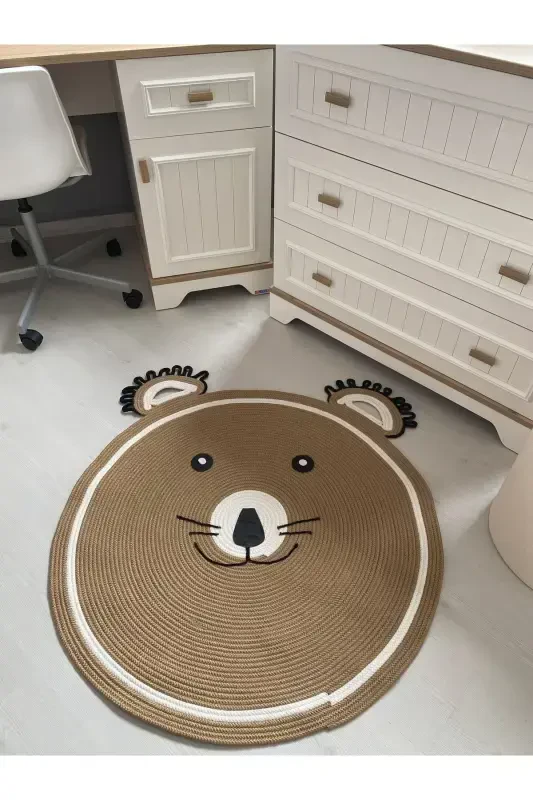 Milda Haz Dustproof Antiallergic Jute Weave Cute Bear Jute Rug Baby Children's Room Rug-Brown 1 - 2