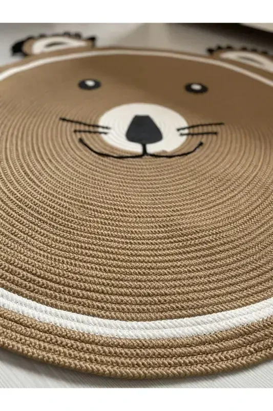 Milda Haz Dustproof Antiallergic Jute Weave Cute Bear Jute Rug Baby Children's Room Rug-Brown 1 - 3