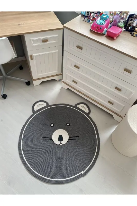 Milda Haz Dustproof Hypoallergenic Jute Woven Gray Cute Bear Jute Rug Baby Children's Room Rug-Gray - 2