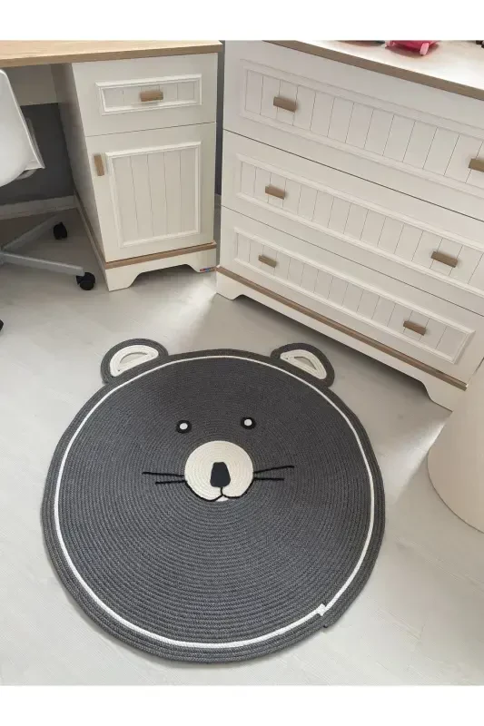 Milda Haz Dustproof Hypoallergenic Jute Woven Gray Cute Bear Jute Rug Baby Children's Room Rug-Gray - Modazone