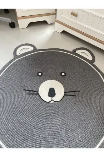 Milda Haz Dustproof Hypoallergenic Jute Woven Gray Cute Bear Jute Rug Baby Children's Room Rug-Gray - 4