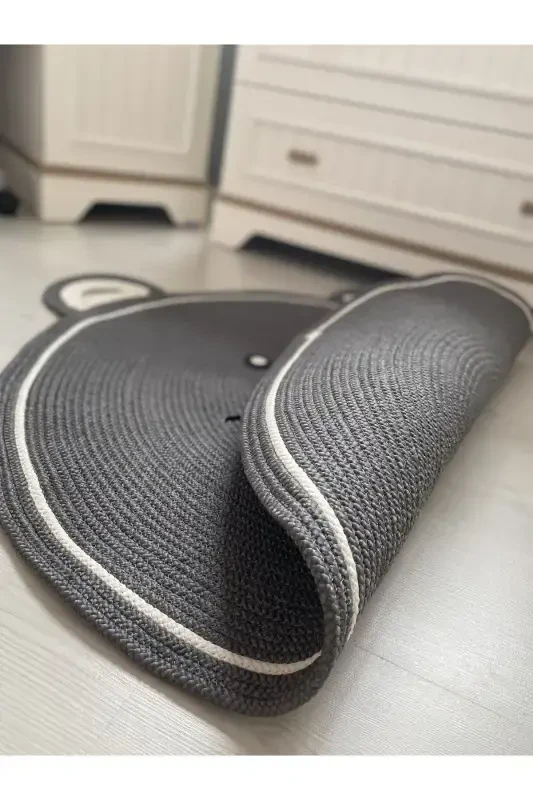 Milda Haz Dustproof Hypoallergenic Jute Woven Gray Cute Bear Jute Rug Baby Children's Room Rug-Gray - 5