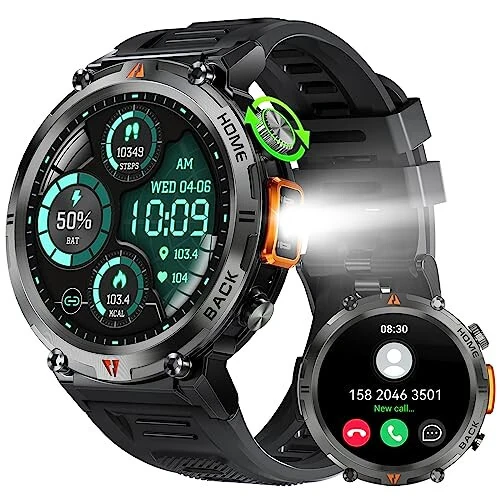 Military Smart Watch for Men (Call Receive/Dial) with LED Flashlight, 1.45