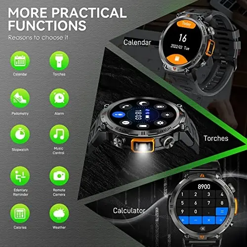 Military Smart Watch for Men (Call Receive/Dial) with LED Flashlight, 1.45