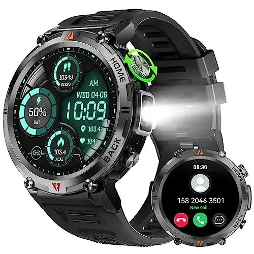 Military Smart Watch for Men with LED Flashlight, 1.45