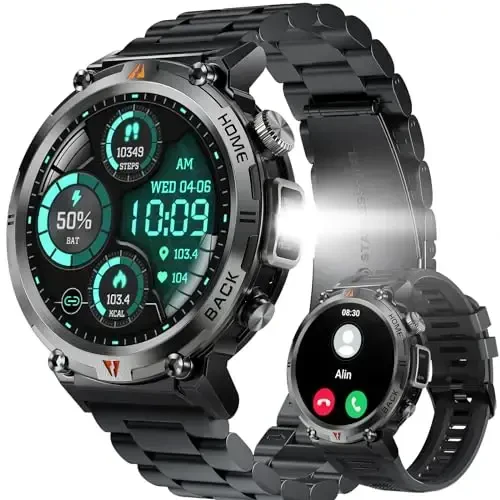 Military Smart Watch for Men with LED Flashlight, 1.45