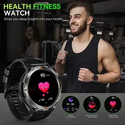 Military Smart Watches for Men (Call Receive/Dial) with LED Flashlight, 1.45
