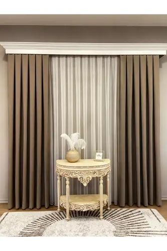 Milk Coffee Color - Linen Look 1/3 Pleated Blackout Curtain - 4