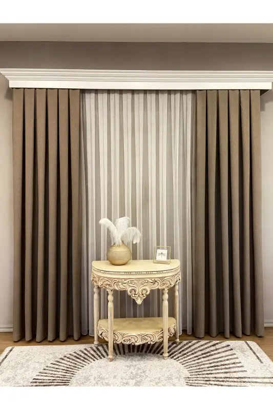 Milk Coffee Color - Linen Look 1/3 Pleated Blackout Curtain - 4