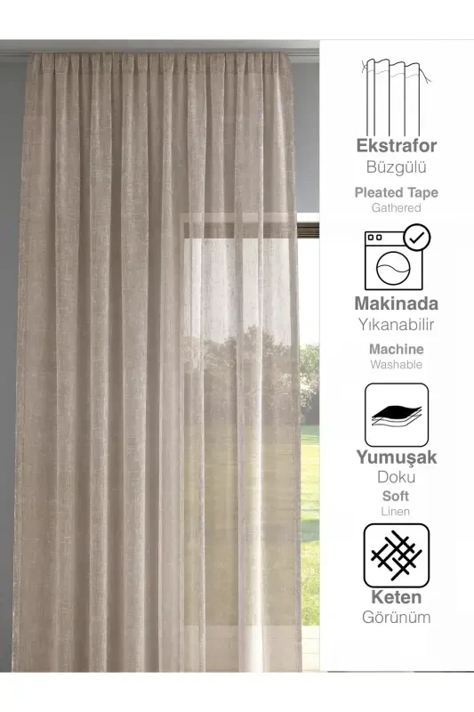 Milk Coffee Color Linen Look Plain Tulle Curtain No Ironing-MILK COFFEE - 3