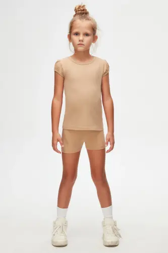 Milky Coffee Basic Girl Child Crew Neck Watermelon Sleeve T-Shirt-FRAPPE - 1