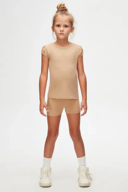 Milky Coffee Basic Girl Child Crew Neck Watermelon Sleeve T-Shirt-FRAPPE - 1