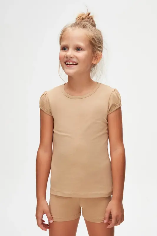 Milky Coffee Basic Girl Child Crew Neck Watermelon Sleeve T-Shirt-FRAPPE - 2