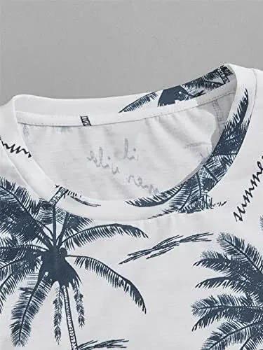 Milumia erkaklar uchun tropik naqshli qisqa yengli futbolka va ipli cho'ntakli shortilar to'plami - 3