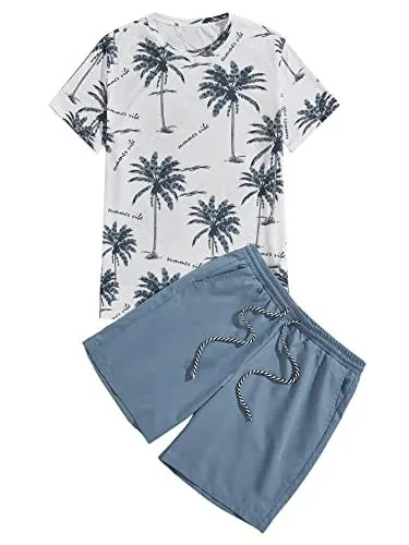 Milumia Men's Tropical Printed Short Sleeve Tee and Drawstring Pocket Shorts Set - Milumia