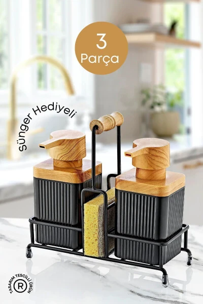 Mimoza Metal Stand with Wooden Detailed Dish Detergent and Liquid Soap Dispenser Kitchen Set-Sponge as a gift. - GRİMOR LIFE