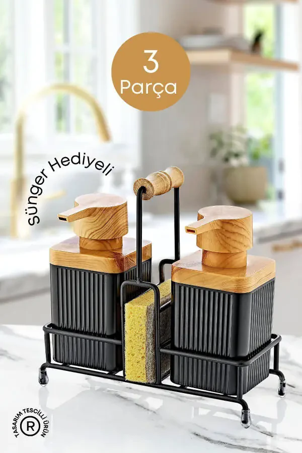 Mimoza Metal Stand with Wooden Detailed Dish Detergent and Liquid Soap Dispenser Kitchen Set-Sponge as a gift. - 1