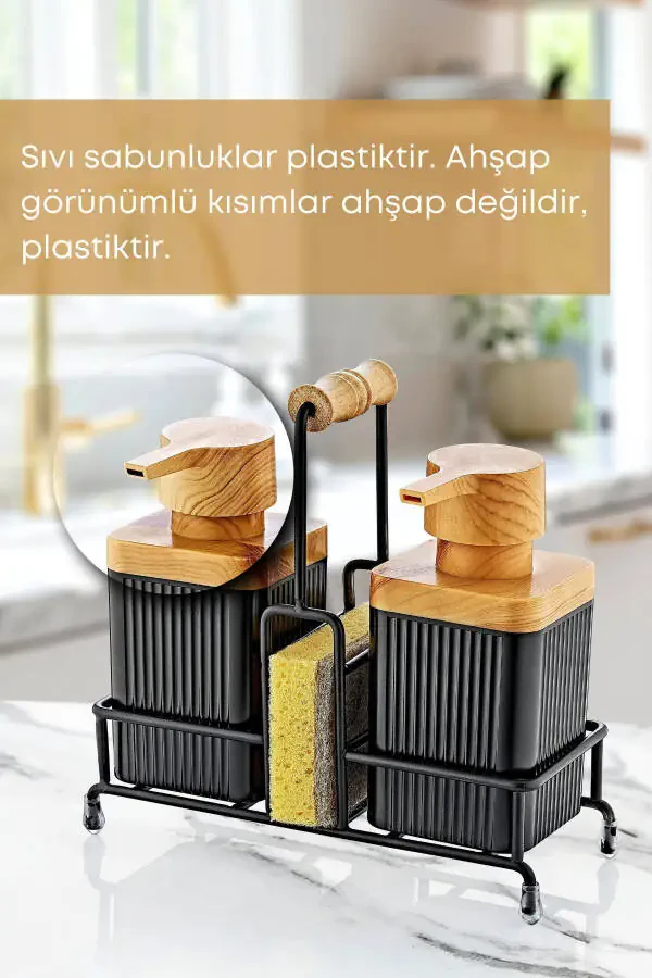 Mimoza Metal Stand with Wooden Detailed Dish Detergent and Liquid Soap Dispenser Kitchen Set-Sponge as a gift. - 2