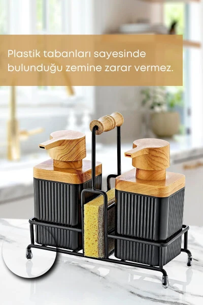 Mimoza Metal Stand with Wooden Detailed Dish Detergent and Liquid Soap Dispenser Kitchen Set-Sponge as a gift. - 3
