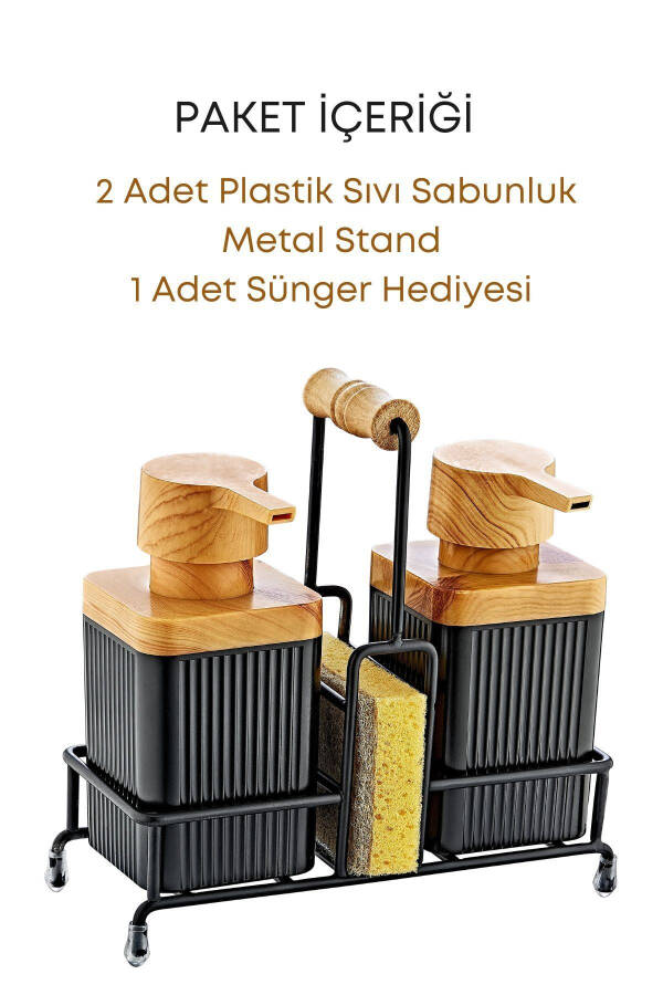 Mimoza Metal Stand with Wooden Detailed Dish Detergent and Liquid Soap Dispenser Kitchen Set-Sponge as a gift. - 4