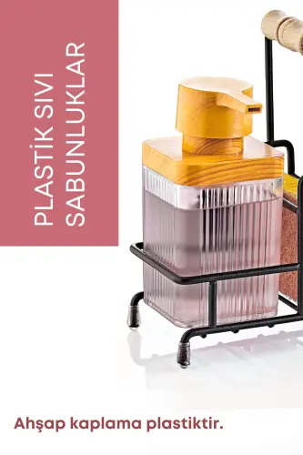 Mimoza Metal Standlı Ahşap Detaylı Bulaşık Deterjanı Ve Sıvı Sabunluk Mutfak Seti-Süngerli- Şeffaf-ŞEFFAF - 4