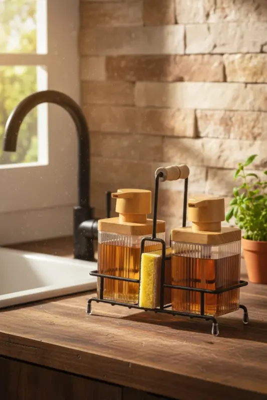 Mimoza Metal Standlı Ahşap Detaylı Bulaşık Deterjanı Ve Sıvı Sabunluk Mutfak Seti-Süngerli- Şeffaf-ŞEFFAF - 1