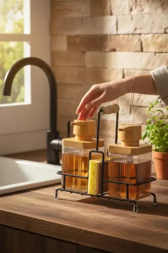 Mimoza Metal Standlı Ahşap Detaylı Bulaşık Deterjanı Ve Sıvı Sabunluk Mutfak Seti-Süngerli- Şeffaf-ŞEFFAF - GRİMOR LIFE (1)