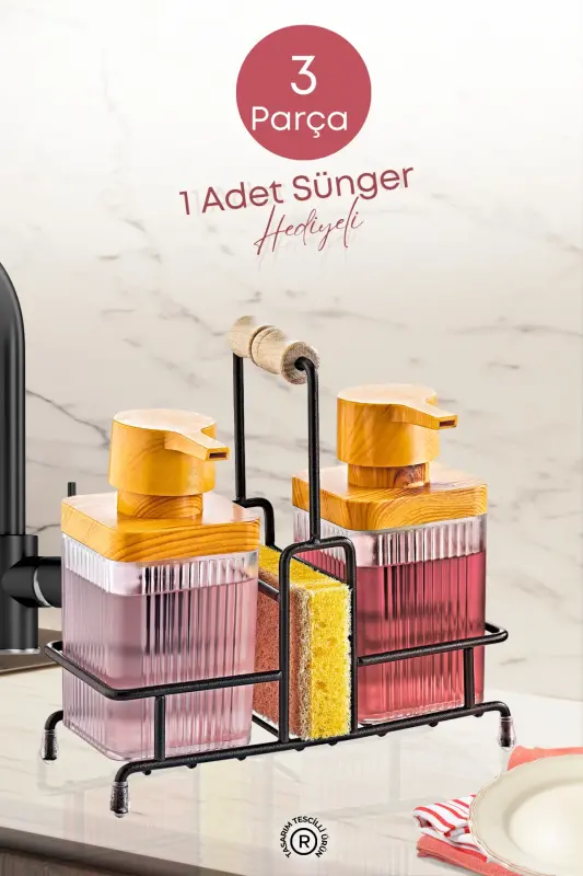 Mimoza Metal Standlı Ahşap Detaylı Bulaşık Deterjanı Ve Sıvı Sabunluk Mutfak Seti-Süngerli- Şeffaf-ŞEFFAF - 3